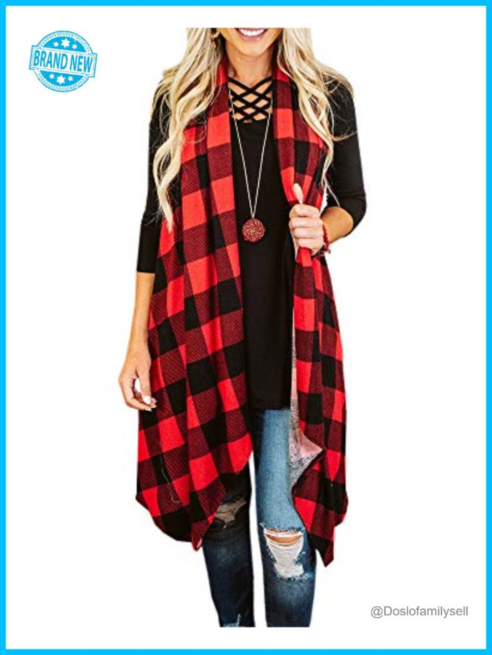 Plaid Open Front Sleeveless Duster Cardigan with Pockets